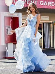 Princess V-Neck Floor-length Tulle Prom Dresses Sky Blue