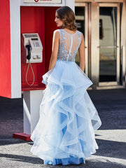 Princess V-Neck Floor-length Tulle Prom Dresses Sky Blue Plus Size