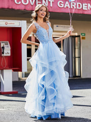 Princess V-Neck Floor-length Tulle Prom Dresses Sky Blue Plus Size