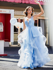 Princess V-Neck Floor-length Tulle Prom Dresses Sky Blue Plus Size