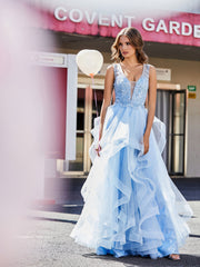 Princess V-Neck Floor-length Tulle Prom Dresses Sky Blue