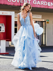 Princess V-Neck Floor-length Tulle Prom Dresses Sky Blue