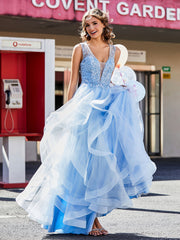 Princess V-Neck Floor-length Tulle Prom Dresses Sky Blue