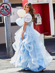 Princess V-Neck Floor-length Tulle Prom Dresses Sky Blue