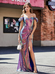 Sheath Off-the-shoulder Sequin Prom Dresses Grape Plus Size