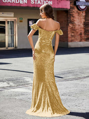 Sheath Off-the-shoulder Sequin Prom Dresses Gold