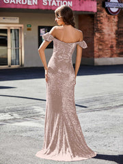 Sheath Off-the-shoulder Sequin Prom Dresses Metallic Gold