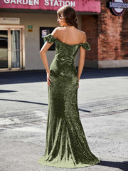 Sheath Off-the-shoulder Sequin Prom Dresses Olive Green Plus Size