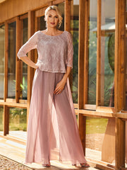 Elegant Lace Top with Chiffon Pant Suit  Dusty Rose