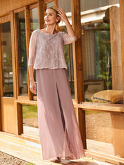 Elegant Lace Top with Chiffon Pant Suit  Dusty Rose