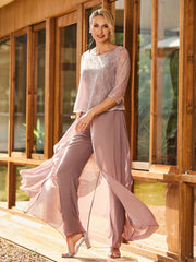 Elegant Lace Top with Chiffon Pant Suit  Dusty Rose