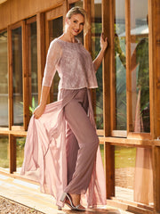 Elegant Lace Top with Chiffon Pant Suit  Dusty Rose