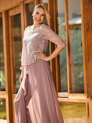 Elegant Lace Top with Chiffon Pant Suit  Dusty Rose