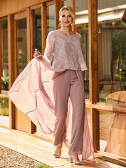 Elegant Lace Top with Chiffon Pant Suit  Dusty Rose