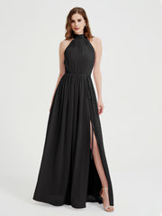 High Neck Full Length Dress with Slit Black