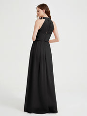 High Neck Full Length Dress with Slit Black