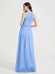 High Neck Full Length Dress with Slit Blue