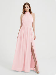 High Neck Full Length Dress with Slit Blushing Pink