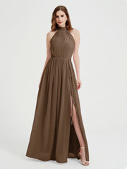 High Neck Full Length Dress with Slit Brown
