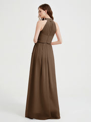 High Neck Full Length Dress with Slit Brown