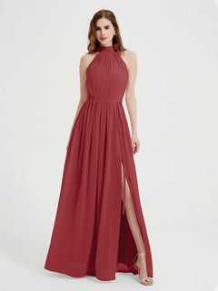 High Neck Full Length Dress with Slit Burgundy