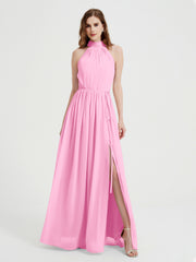 High Neck Full Length Dress with Slit Candy Pink