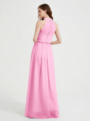High Neck Full Length Dress with Slit Candy Pink