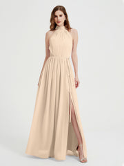 High Neck Full Length Dress with Slit Champagne