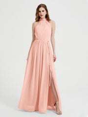 High Neck Full Length Dress with Slit Coral