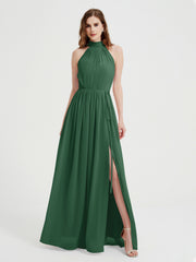 High Neck Full Length Dress with Slit Dark Green