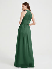 High Neck Full Length Dress with Slit Dark Green