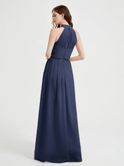 High Neck Full Length Dress with Slit Dark Navy