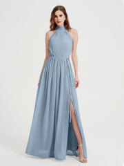 High Neck Full Length Dress with Slit Dusty Blue