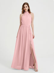High Neck Full Length Dress with Slit Dusty Rose