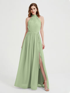 High Neck Full Length Dress with Slit Dusty Sage