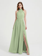 High Neck Full Length Dress with Slit Dusty Sage