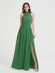 High Neck Full Length Dress with Slit Emerald