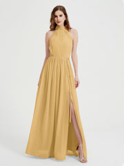 High Neck Full Length Dress with Slit Gold