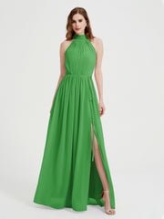 High Neck Full Length Dress with Slit Green