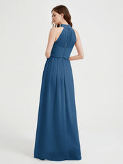 High Neck Full Length Dress with Slit Ink Blue