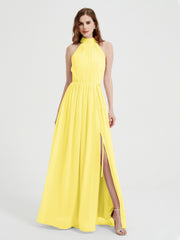 High Neck Full Length Dress with Slit Lemon
