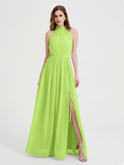 High Neck Full Length Dress with Slit Lime Green