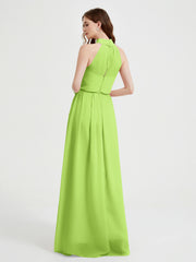 High Neck Full Length Dress with Slit Lime Green