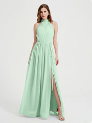 High Neck Full Length Dress with Slit Mint Green
