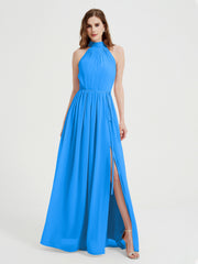 High Neck Full Length Dress with Slit Ocean Blue