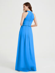 High Neck Full Length Dress with Slit Ocean Blue