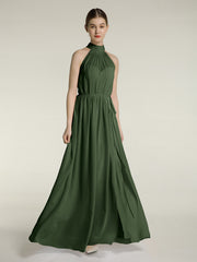 High Neck Full Length Dress with Slit Olive Green
