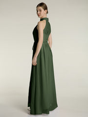 High Neck Full Length Dress with Slit Olive Green