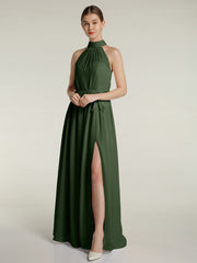 High Neck Full Length Dress with Slit Olive Green