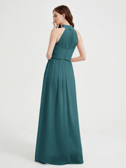 High Neck Full Length Dress with Slit Peacock